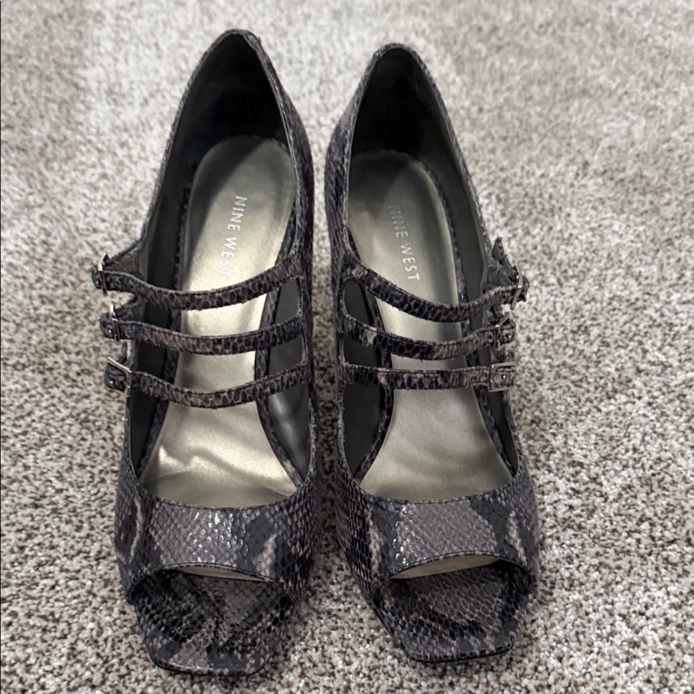 Nine West Snakeskin Triple Strap Heels - Black